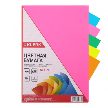 Бумага цветная А4, 80г/кв.м., 250л, 5 цветов, неон KLERK 206772-Р Бумага цветная А4, 80г/кв.м., 250л, 5 цветов, неон KLERK 206772-Р