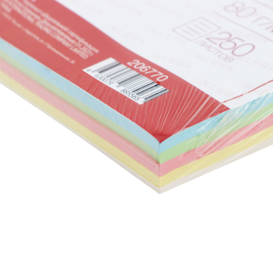 Бумага цветная А4, 80 г/кв.м, 250 листов, 5 цветов, пастель, ассорти KLERK 206770