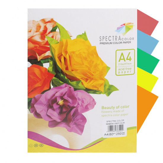 Бумага цветная А4, 80 г/кв.м, 250 листов, 5 цветов, интенсив Spectra Color 82А