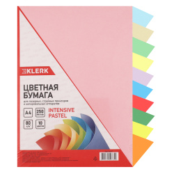 Бумага цветная А4, 80 г/кв.м, 250 листов, 10 цветов, интенсив, пастель KLERK 206784-Р
