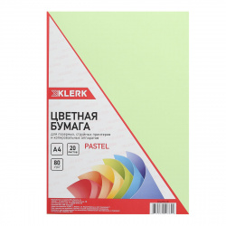 Бумага цветная А4, 80 г/кв.м, 20 листов, пастель, зеленый KLERK 206795-Р