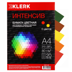 Бумага цветная А4, 80 г/кв.м, 20 листов, 5 цветов, интенсив, ассорти KLERK 232145