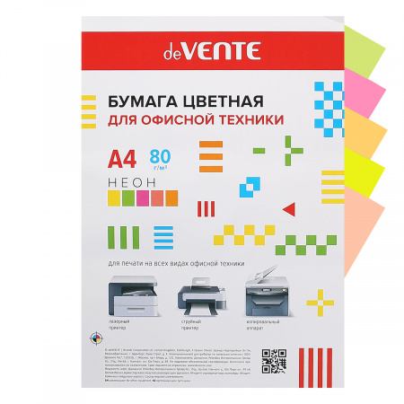 Бумага цветная А4, 80г/кв.м., 20л, 5 цветов, неон deVENTE 2072937 Бумага цветная А4, 80г/кв.м., 20л, 5 цветов, неон deVENTE 2072937