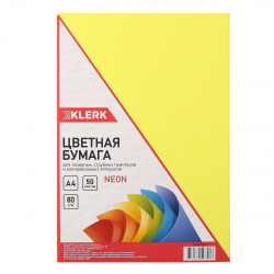 Бумага цветная А4, 80 г/кв.м, 50 листов, неон, желтый KLERK 206776/Р