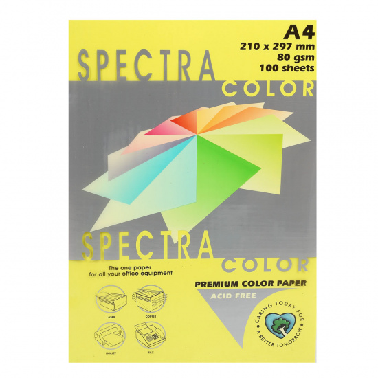 Бумага цветная А4, 80 г/кв.м, 100 листов, неон, желтый Spectra Color 363