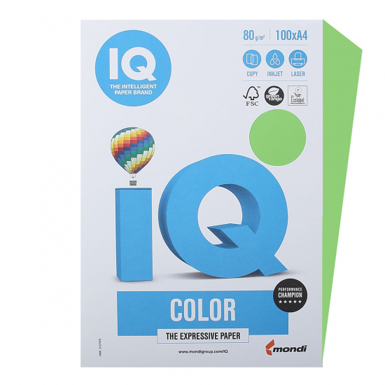 Бумага цветная А4, 80 г/кв.м, 100 листов, интенсив, ярко-зеленый IQ Color Mondi 78423