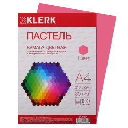 Бумага цветная, А4, 80 г/кв.м, 100 листов, пастель, розовый, KLERK, 242754