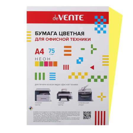 Бумага цветная А4, 80г/кв.м., 100л, неон, желтый deVENTE 2072944 Бумага цветная А4, 80г/кв.м., 100л, неон, желтый deVENTE 2072944