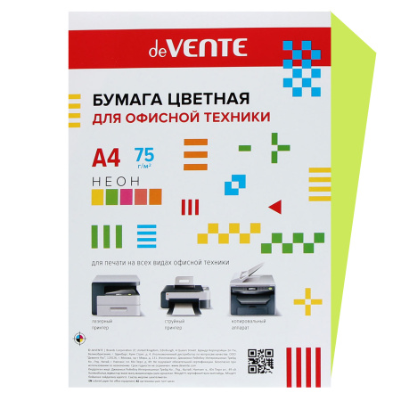 Бумага цветная А4, 80г/кв.м., 100л, неон, зеленый deVENTE 2072945 Бумага цветная А4, 80г/кв.м., 100л, неон, зеленый deVENTE 2072945