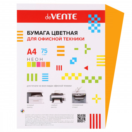 Бумага цветная А4, 80г/кв.м., 100л, неон, оранжевый deVENTE 2072947 Бумага цветная А4, 80г/кв.м., 100л, неон, оранжевый deVENTE 2072947