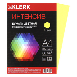 Бумага цветная А4, 80 г/кв.м, 100 листов, интенсив, желтый KLERK 206806