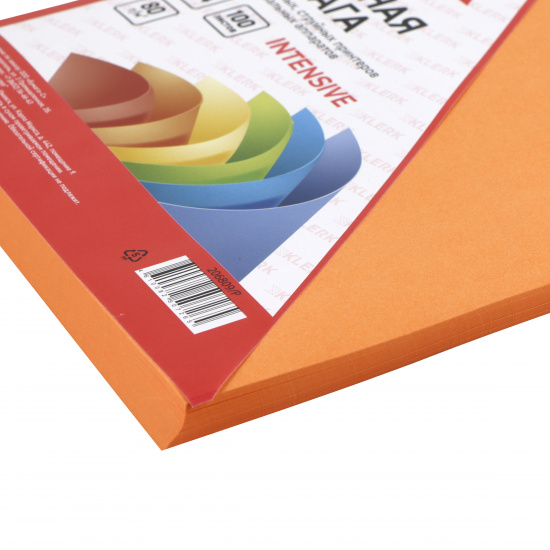 Бумага цветная А4, 80 г/кв.м, 100 листов, интенсив, оранжевый KLERK 206809-Р