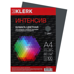 Бумага цветная, А4, 80 г/кв.м, 100 листов, интенсив, серый, KLERK, 242755
