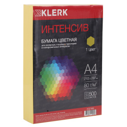 Бумага цветная А4, 80 г/кв.м, 500 листов, интенсив, лимонный KLERK 232166