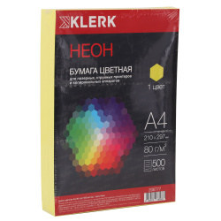 Бумага цветная А4, 80 г/кв.м, 500 листов, неон, желтый KLERK 206777