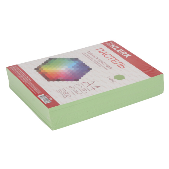 Бумага цветная А4, 80 г/кв.м, 500 листов, пастель, светло-зеленый KLERK 232168