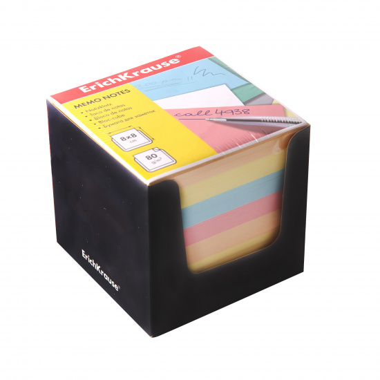 Блок для записей 80*80*80мм, куб, не склеенный, 4 цвета, подставка картонная черная Erich Krause 36995