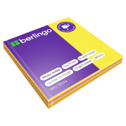 Блок самоклеящийся, 75*75 мм, 100 листов, 4 цвета, неон, Ultra Sticky, Berlingo, LSn_39602