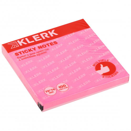Блок самоклеящийся 76*76 мм, 100 листов, розовый, неон KLERK 206911