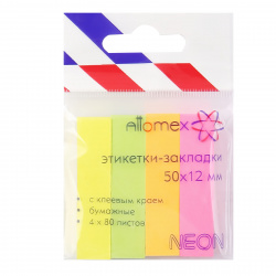 Закладки клейкие бумага, 12*50 мм, 4 цвета, 80 листов, неон Attomex 2011701