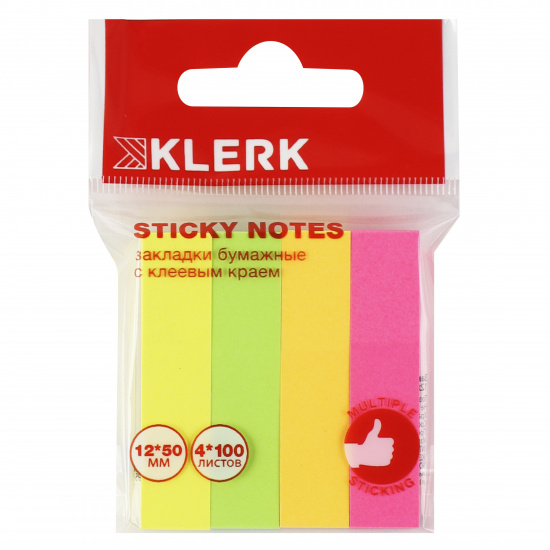 Закладки клейкие Neon бумага, 12*50 мм, 4 цвета, 100 листов, неон KLERK 206920