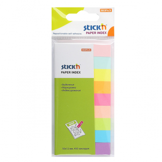 Закладки клейкие Stick бумага, 12*50мм, 9 цветов, 50л, цвет ассорти Hopax 381492