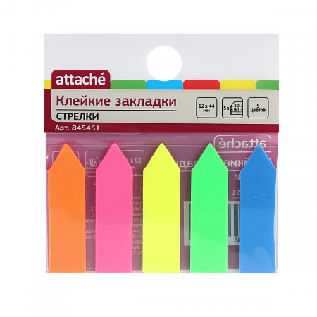 Закладки клейкие пластик, 12*44 мм, 5 цветов, 20 листов, неон Attache ...