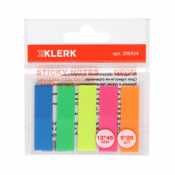Закладки клейкие пластик, 12*45 мм, 5 цветов, 25 листов, неон KLERK 206924