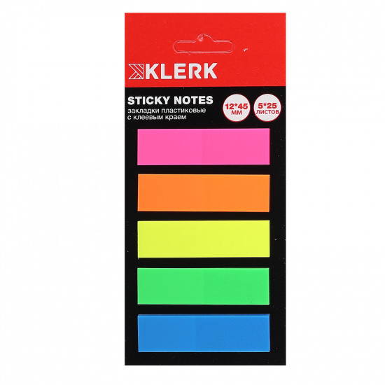 Закладки клейкие пластик, 12*45 мм, 5 цветов, 25 листов, неон KLERK 211305