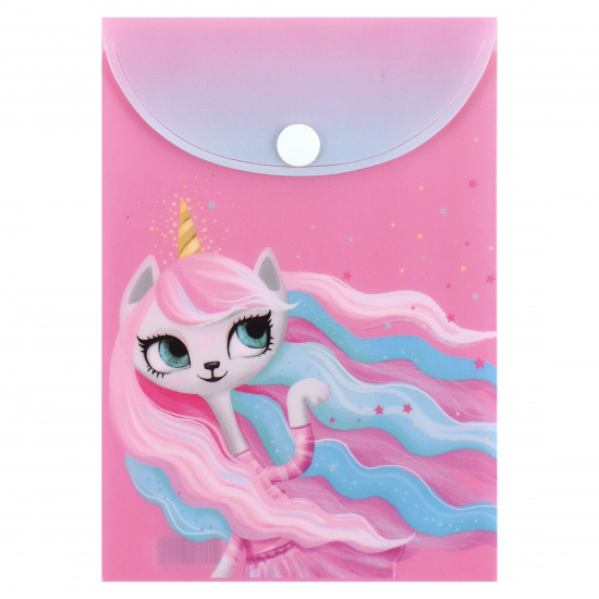Папка-конверт на кнопке А6, 0,15 мм, цвет розовый с рисунком Unicorn Cat КОКОС 212124