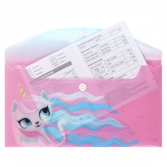 Папка-конверт на кнопке А6, 0,15 мм, цвет розовый с рисунком Unicorn Cat КОКОС 212163