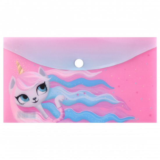 Папка-конверт на кнопке А6 (125*225 мм), 0,15 мм, цвет розовый с рисунком Unicorn Cat КОКОС 212163