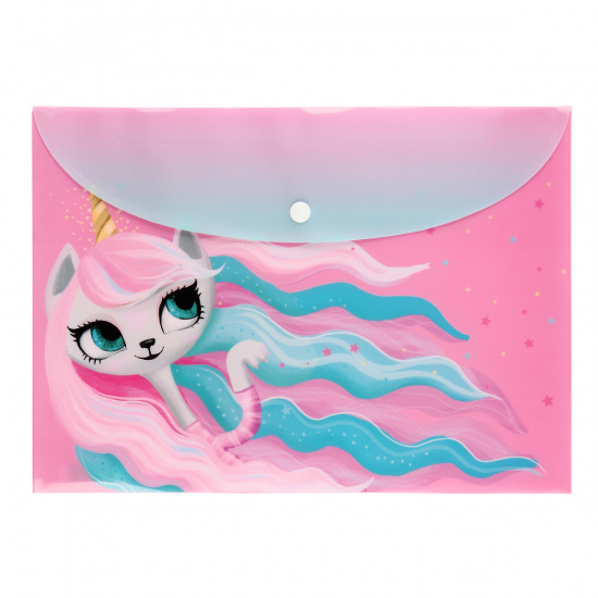 Папка-конверт на кнопке А4, 0,15 мм, цвет розовый с рисунком Unicorn Cat КОКОС 212046