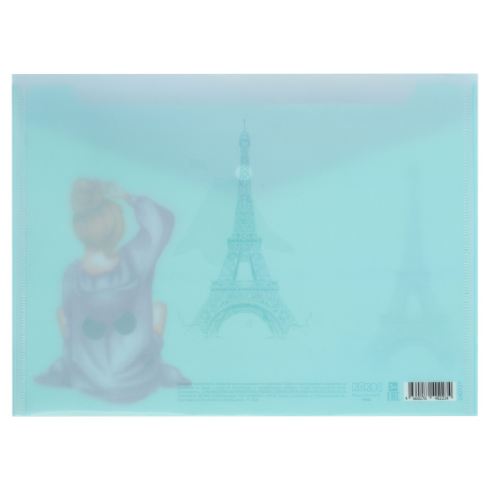 Папка-конверт на кнопке А4, 0,15 мм, цвет мятный с рисунком Paris КОКОС 240727