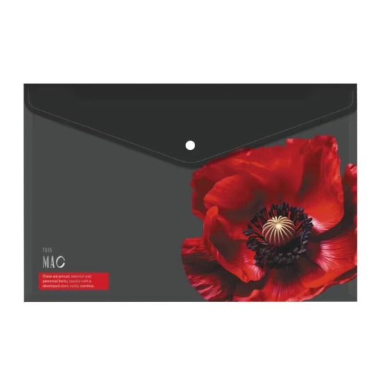 Папка-конверт на кнопке А4, 0,18 мм, цвет черный с рисунком Цветочный шик FIORENZO 242201