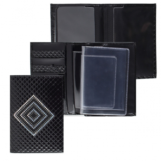 Обложка для автодокументов кожа Elisir Алессандра 10*14 с отделением д/паспорта и карт кристаллы BV-7-L41-148 черная