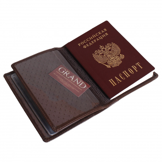 Обложка для автодокументов кожа Grand 10*13 с отделом д/паспорта тиснение отстрочка 02-023-0522 бренди