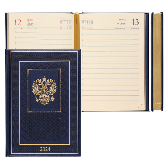Ежедневник датированный 2024 год, А5, твердый картон 7Бц, кожзам, поролон, 176 листов, цвет синий Символика FIORENZO 213344