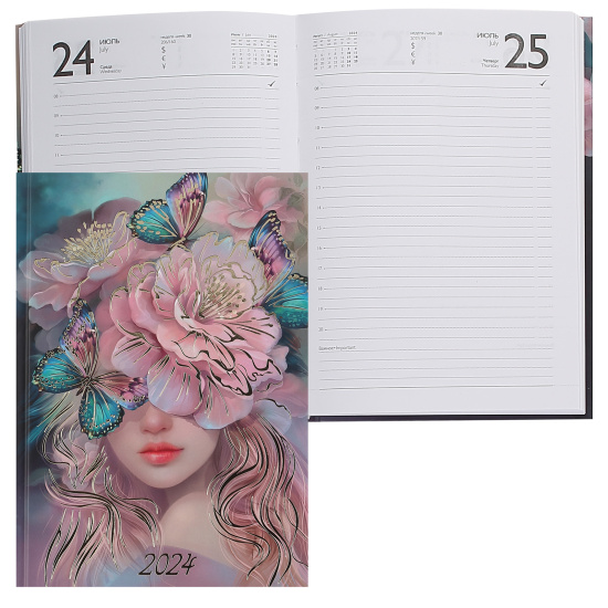 Ежедневник датированный 2024 год, А5, твердый картон 7Бц, 160 листов, цвет с рисунком Нежный цветок Феникс 64315