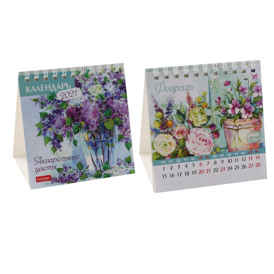 Календарь 2021 домик, перекидной, 101*101мм, мелованная бумага, на евроспирали Квадрат Акварельные цветы  Hatber 12КД6гр_18260