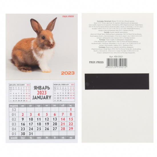 Календарь настенный магнитный 2023г, отрывной, 93*163 мм, склейка Милый кролик Проф-Пресс КМ-5921