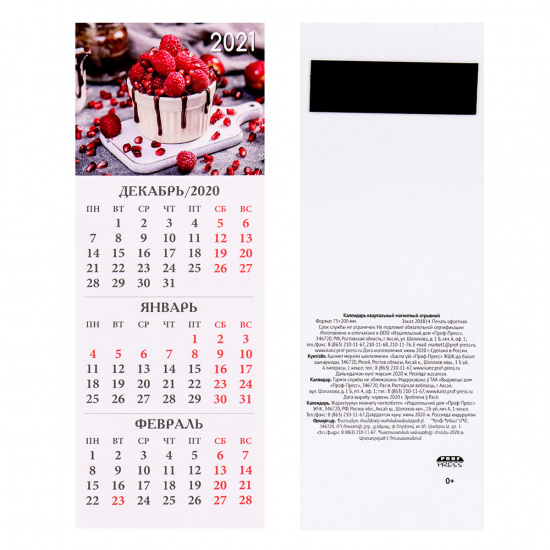 Календарь настенный магнитный, отрывной, 75*200мм, мелованная бумага, склейка  Ягоды в шоколаде  Проф-Пресс КМ-1863