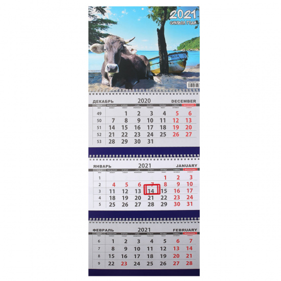 Календарь настенный трехблочный, 290*710мм, офсет, на евроспирали, бегунок  Бык на берегу моря с лодкой  Эврика Б_027