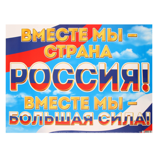 Плакат Вместе мы - страна Россия! Вместе мы - большая сила! 446*602 мм, символика государственная, картон мелованный Мир открыток 0-30-033А