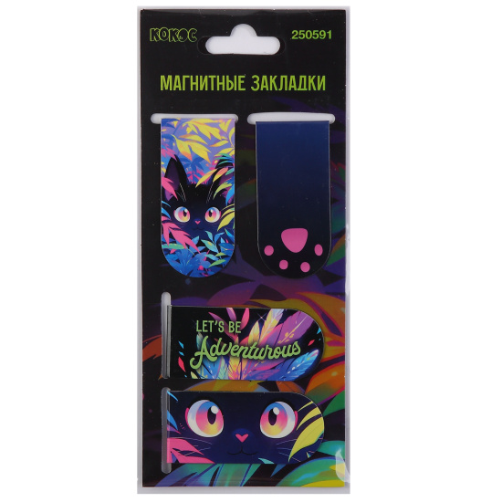 Закладка магнитная, картон, набор 4 шт, 25*55 мм, Tropical cat, КОКОС, 250591