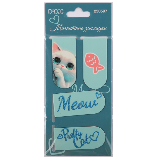 Закладка магнитная, картон, набор 4 шт, 25*55 мм, блестки, Пушистик, КОКОС, 250597