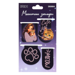 Закладка магнитная, картон, набор 4 шт, 25*55 мм, блестки, Милашка с котиком, КОКОС, 260664