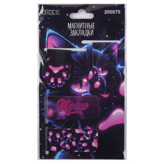 Закладка магнитная, картон, набор 4 шт, блестки, Cosmo Cat, КОКОС, 250575