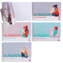 Альбом для рисования 40л спир пласт обл Hatber Девочка с котиком 40А4Вгр ассорти 5 видов