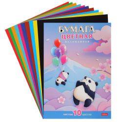 Набор цветной бумаги, А4, 10 листов, 10 цветов, мелованная, в папке, Плюшевые панды, Hatber, 10Бц4м_32205